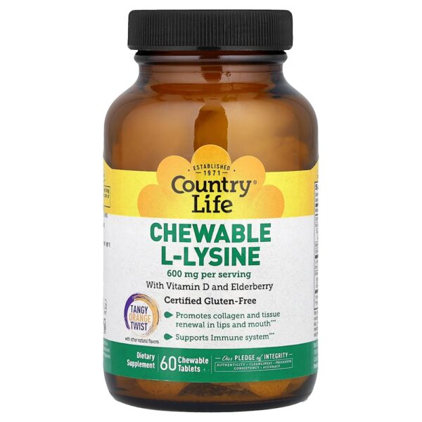 Country Life - L-lisina Mastigável Toque de Laranja Picante 60 Comprimidos Mastigáveis