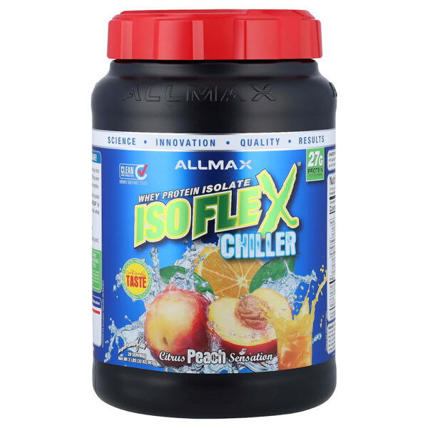 46-3.jpg ALLMAX - Chiller ISOFLEX Isolado de Proteína Whey Cítricos e Pêssego com Sensação de Pêssego 907 g
