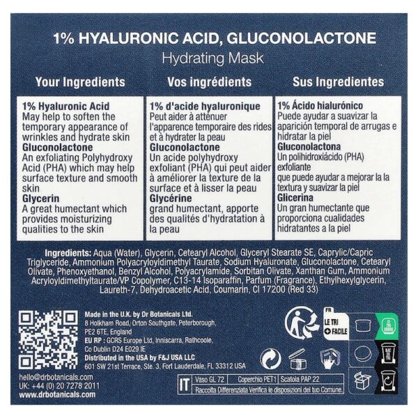 Dr. Botanicals - Ácido Hialurônico Gluconolactone Máscara Hidratante de Beleza 60 ml
