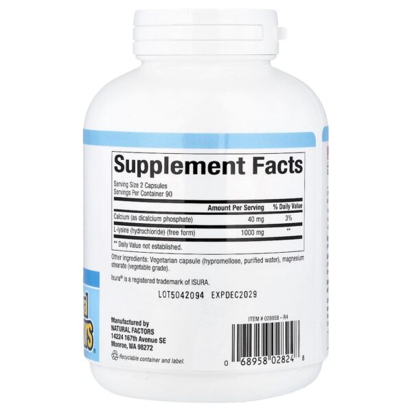 Natural Factors - L-Lisina 500 mg 180 Cápsulas Vegetarianas