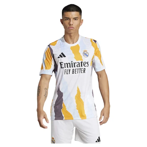 adidas - Camiseta de manga curta Antes do jogo Real Madrid 24/25 – Masculino – White / Crew Orange / Charcoal / Glow Blue