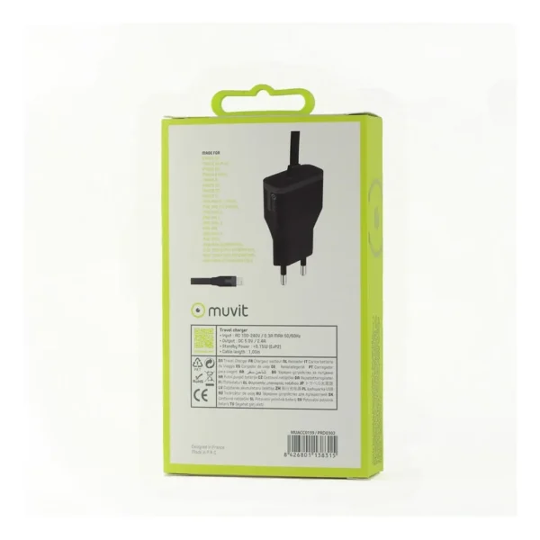 Muvit - Carregador Travel Apple Lightning MFI 1m 2.4A - Black