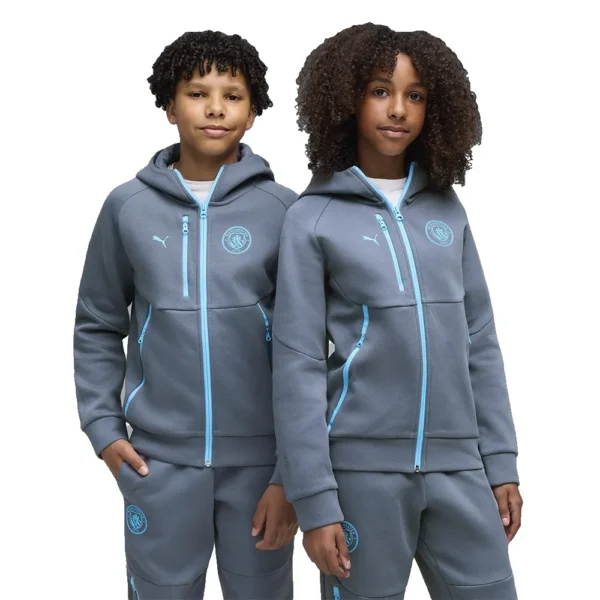 Puma - Moletom com zíper completo para crianças Viagem Manchester City FC 26/27 Tech Hoodie – Evening Sky / Luminous Blue