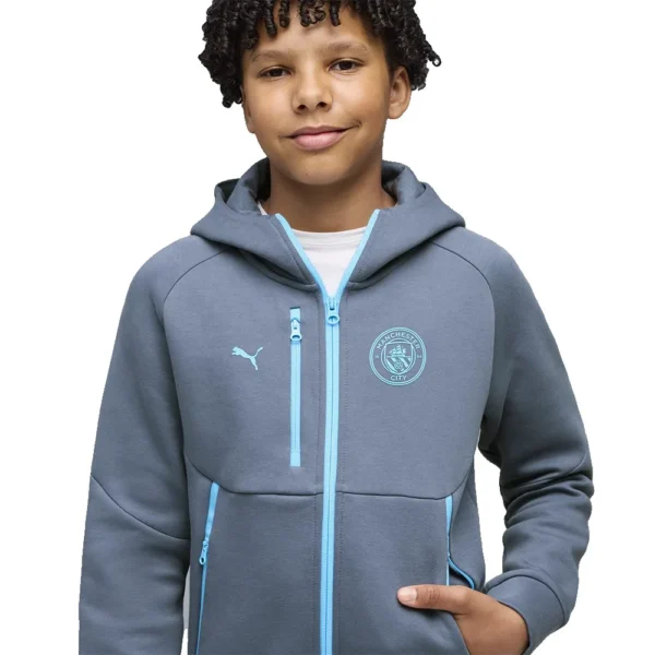 Puma - Moletom com zíper completo para crianças Viagem Manchester City FC 26/27 Tech Hoodie – Evening Sky / Luminous Blue