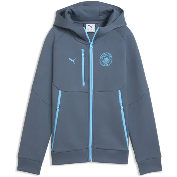 Puma - Moletom com zíper completo para crianças Viagem Manchester City FC 26/27 Tech Hoodie – Evening Sky / Luminous Blue